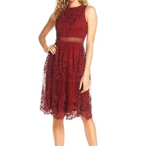 NWT Chi Chi London Burgundy Lace Crochet Waist A-line Sleeveless Lined Dress 8